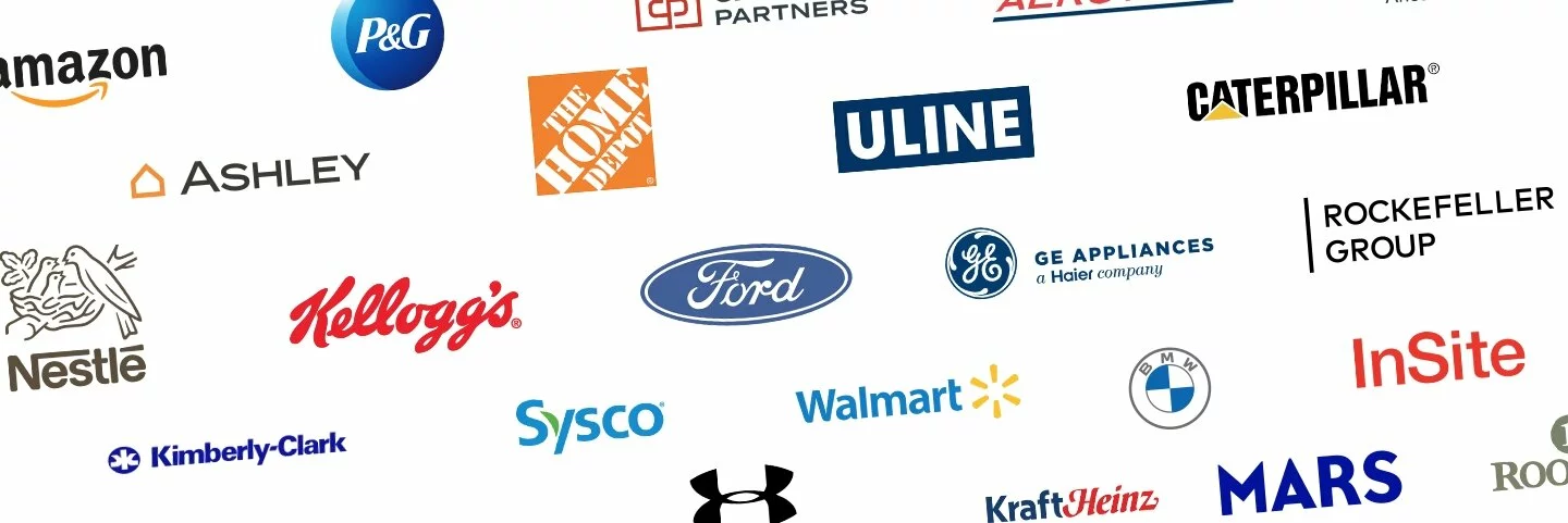 Photo of FCL Customer Logos; Amazon, Procter and Gamble, Ashley Furniture, The Home Depot, ULINE, Caterpillar, Nestle, Kelloggs, Ford, G&E, Rockefeller group, Kimberly-Clark, Sysco, Walmart, BMW, InSite, Mars, Under Armour.