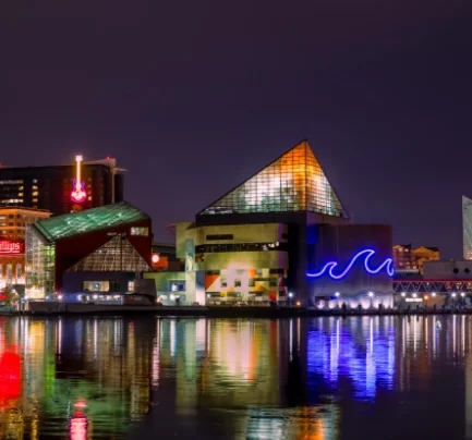 Photo of Contemporary building across a body of water, neon lights reflecting off the water.