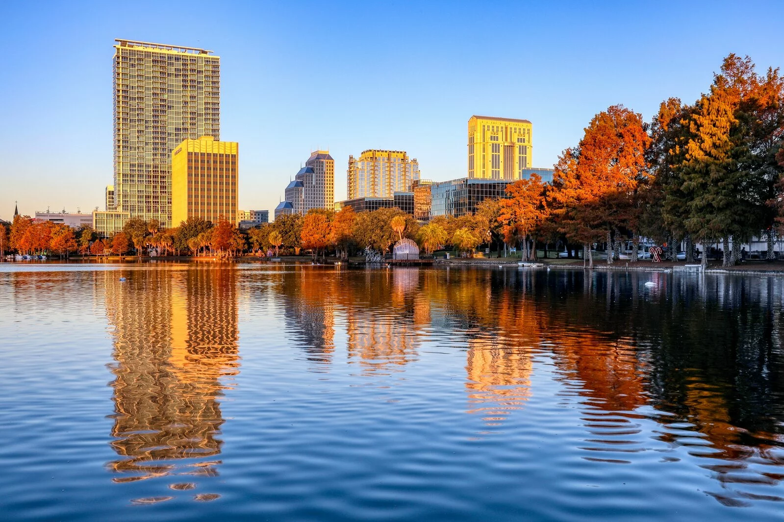 Photo of Orlando, large buildings in the distance, photo taken from a body of water, trees changing colors, photo taken on a sunny day.